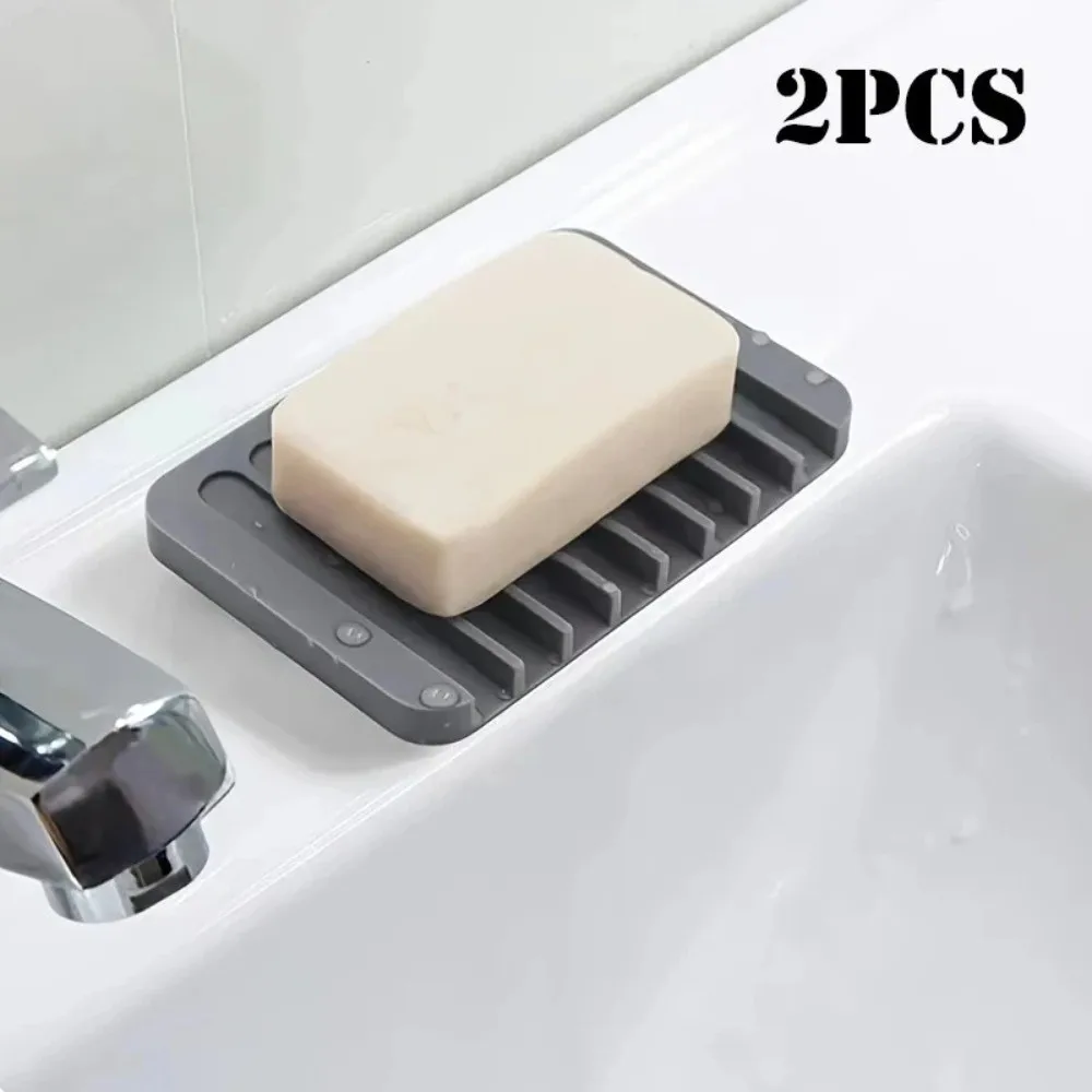2Pcs Multifunctional Self Draining Soap Dish Holder Silicone Non-slip Soap Container Portable Solid Color Soap Plate Home Decor