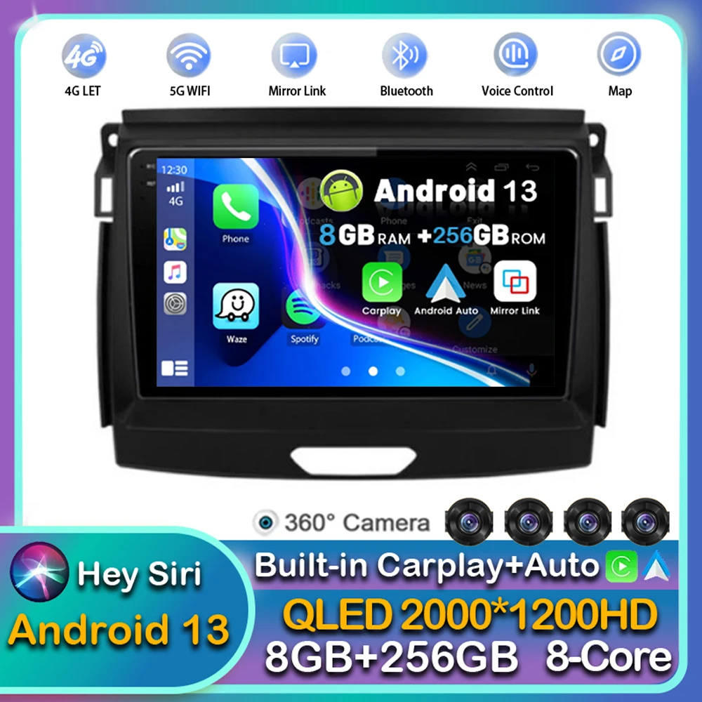 

Android 13 Carplay Auto Car Radio For Ford Ranger 2015 2016 2017 2019 2020 Multimedia Player GPS Stereo WIFI+4G DSP 360 Camera