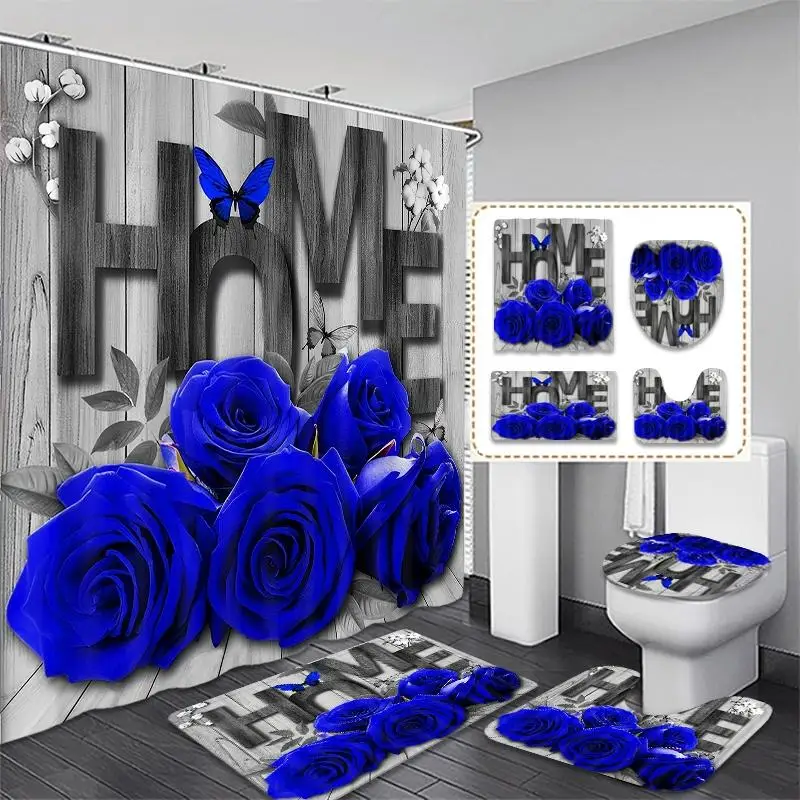 1/4Pcs Wooden Rose Butterfly Print Bathroom Set, Includes Waterproof Shower Curtain and Hooks, Non-Slip Bath Mat and Toilet Seat Cover, Stylish Bathroom Decor and Accessories