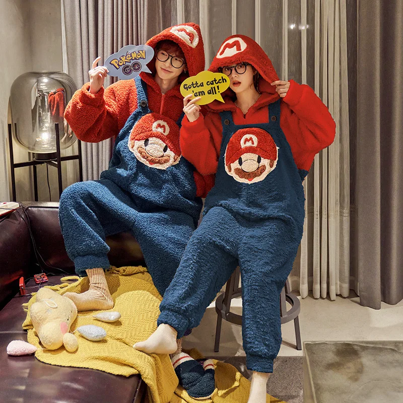 Autumn and Winter Warm Adult Couple Kigurumi Cartoon One-piece Pajamas Coral Velvet Thickening Hooded Comfort Loungewear