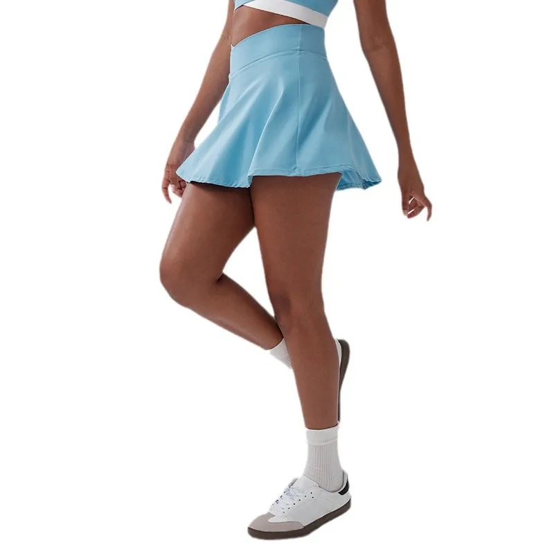 Women High Waisted Crossover Tennis Skirt with Pockets Anti-Exposure Mini Skirt Sports Skorts Gym Yoga Skorts with Inner Shorts