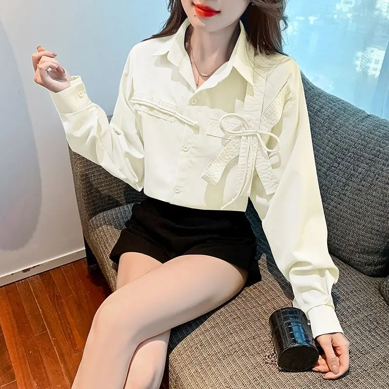 Spring Autumn New Solid Color Fashion POLO Collar Shirt Women High Street Casual Long Sleeve Cardigan Bow Patchwork Chic Tops