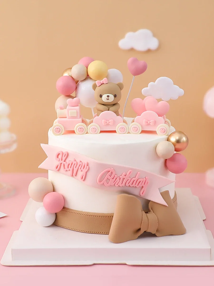 Torta Di Compleanno Topper Insert Sign Earth Color Foam Ball Bow First Birthday Cake Decoration Balls Bear Train Dolls Ornaments
