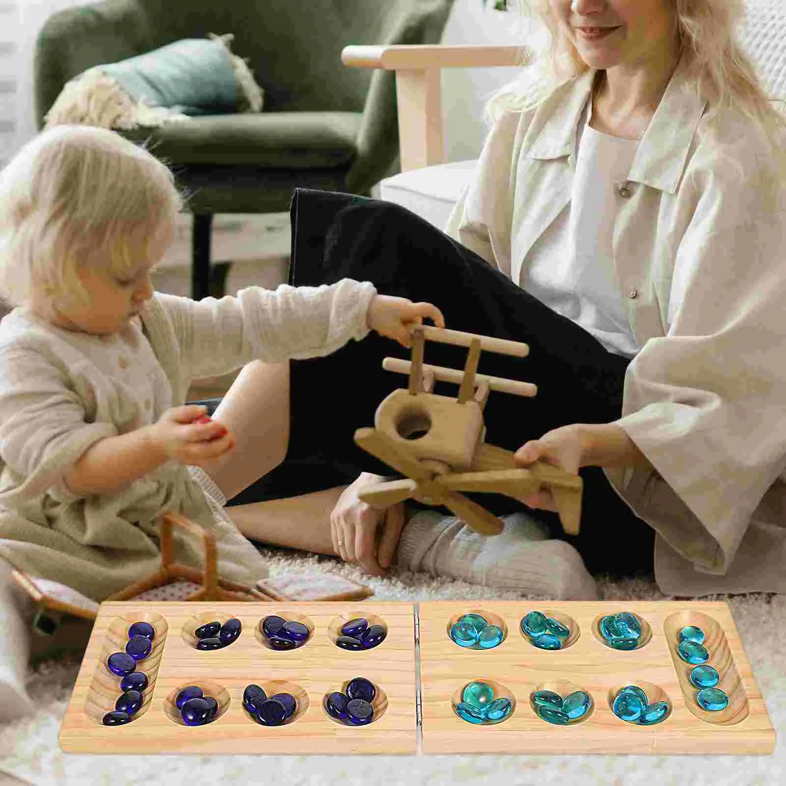 Portable Wooden Folding Gemstone Chess Mancala Board Game Kids Toy Pocket Size Thinking Puzzle Strategy Chess Games
