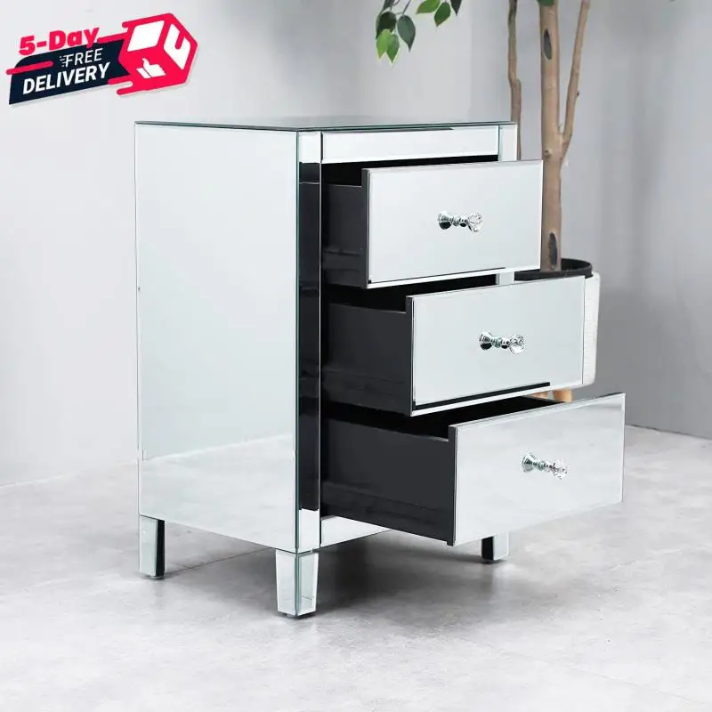 

Mirrored Nightstand 3-Drawer Mirror Bedside Table Silver Modern Minimalist End Tables For Bedroom Living Room Small Side Table