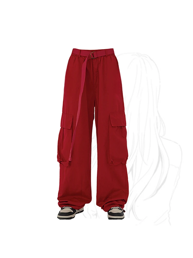 

Women's Red Cargo Pants Y2k Retro High Street Fashion High Waist Baggy Trousers Harajuku Casual Wide Leg Pants Streetwear 2023