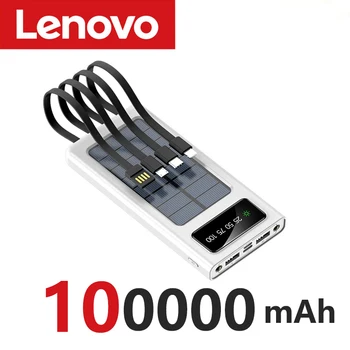 Lenovo 200000mAh Solar Power Bank Built Cables Solar Charger 2 USB Ports External with LED Light Super Fast Charger Power Bank 6