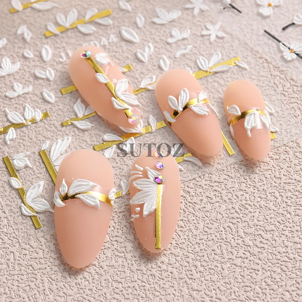 Nail Stickers Embossed Decals Acrylic Petal Golden Stripe Lines Art Manicure Decoration