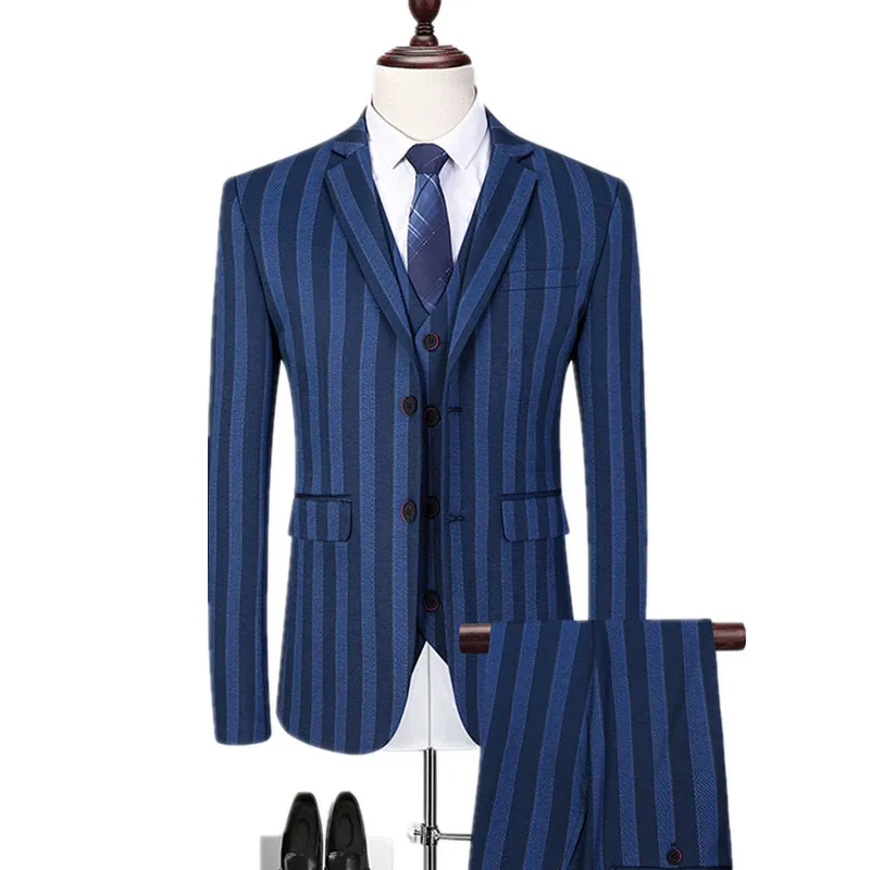 フォロー割適用 メンズアンサンブル 3ピース 縦ストライプ カジュアル スーツ メンズ ボタン コート パンツ 国際格安 Signature Johaness Com