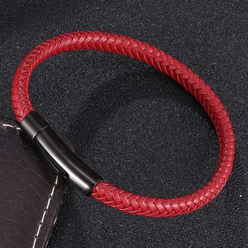 MKENDN Classic Men Women Stainless Steel Bracelet Wine Red Leather Braided Rope Male High Quality Black Button Jewelry Gifts