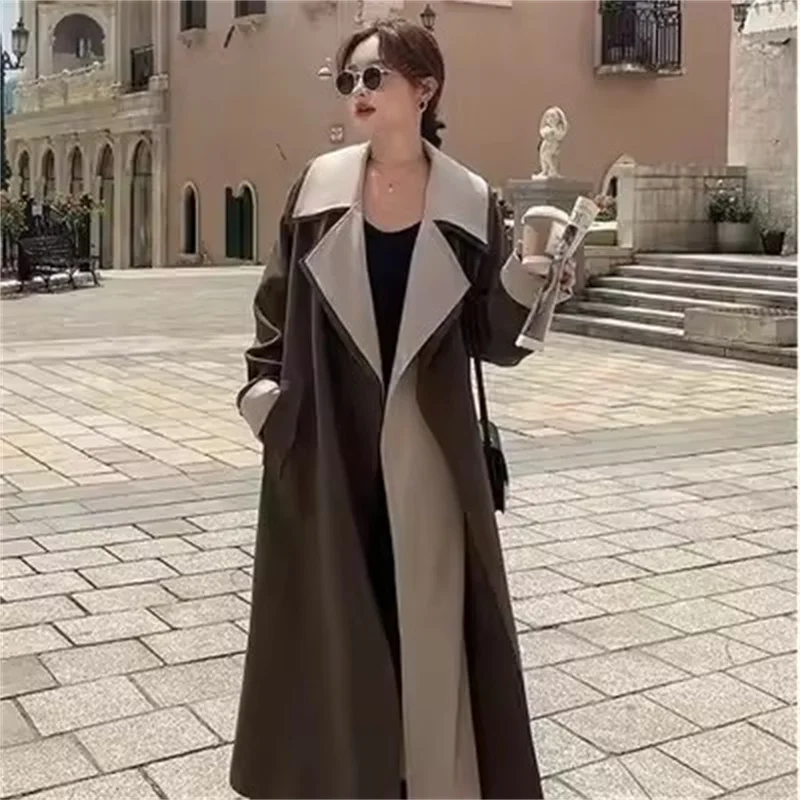 hepburn-wind-contrast-double-fake-two-piece-long-trench-coat-women's-2023-new-autumn-and-winter-loose-british-style-coat-lady