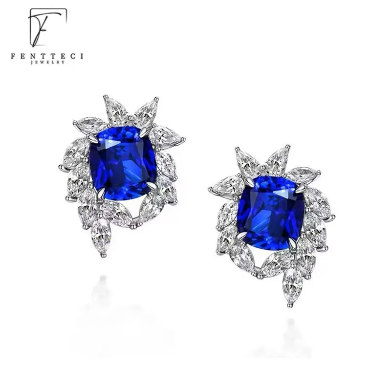 

FENTTECI Luxury Sapphire Ruby Studs Earrings S925 Sterling Silver 5A Zircon Fine Jewelry for Women Wedding Banquet Party Gift