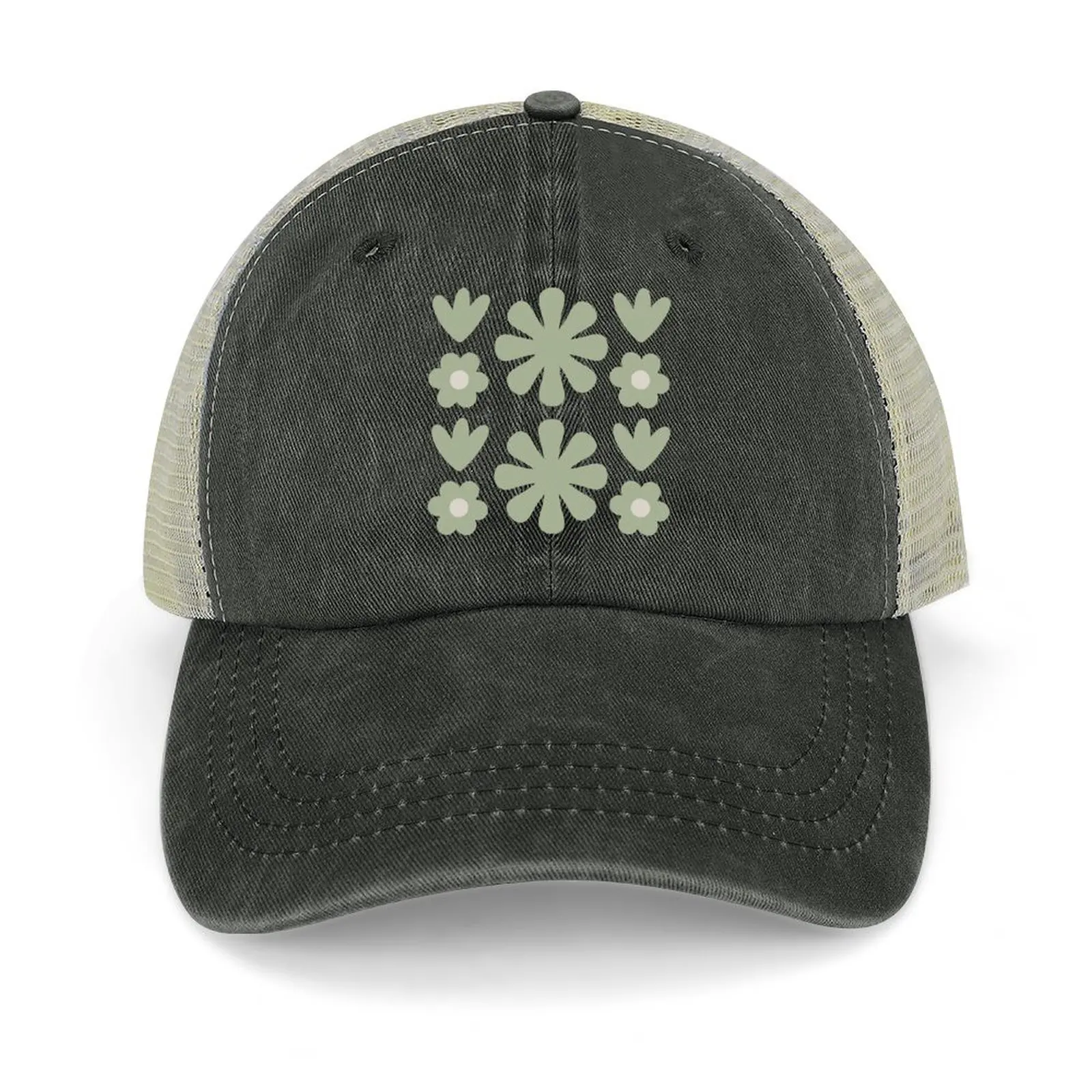 

Scandi Floral Grid Retro Flower Pattern in Sage and Beige Cowboy Hat Christmas Hat Thermal Visor Streetwear Caps Male Women's
