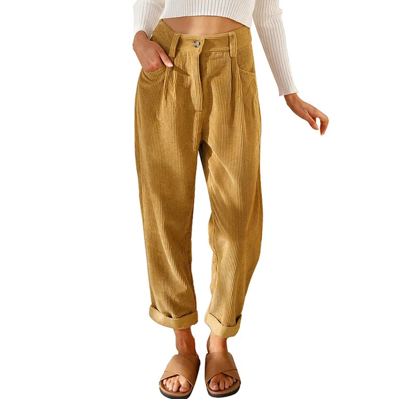 High Waist Casual Pants for Women Autumn Winter Corduroy Straight Leg Trousers Comfortable Loose Fit Long Pants - 5