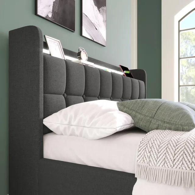 160x200cm Double Bed, Upholstered Bed Wooden Slatted Frame Gray Linen Cover with USB Charging, LED Lighting and 4 Drawers - Image 6