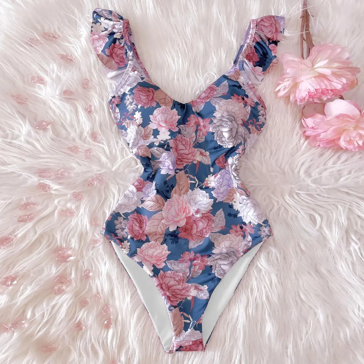 One Piece Swimsuit Deep V-neck Ruffle Push Up Backless Monokini