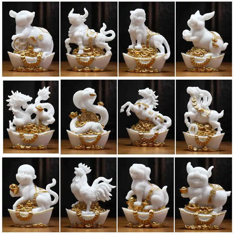 

New Chinese Feng Shui 12 Zodiac Animals Figurines Ornaments Resin Sculpture Handicrafts Home Living Room Office Decoration Gifts