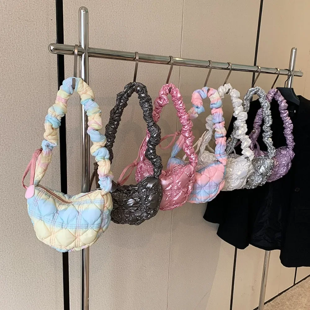 Gradient Pink PU Leather Crossbody Bags Women Fashion Versatile Cloud Shoulder Bag Female Casual Bubble Pleated Down Handbags