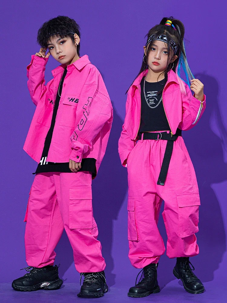 

Hip Hop Dance Outfit Jacket Cargo Pants Fashion Street Dance Clothing Kpop Jazz Dance Costume For Kids Fluorescence Pink