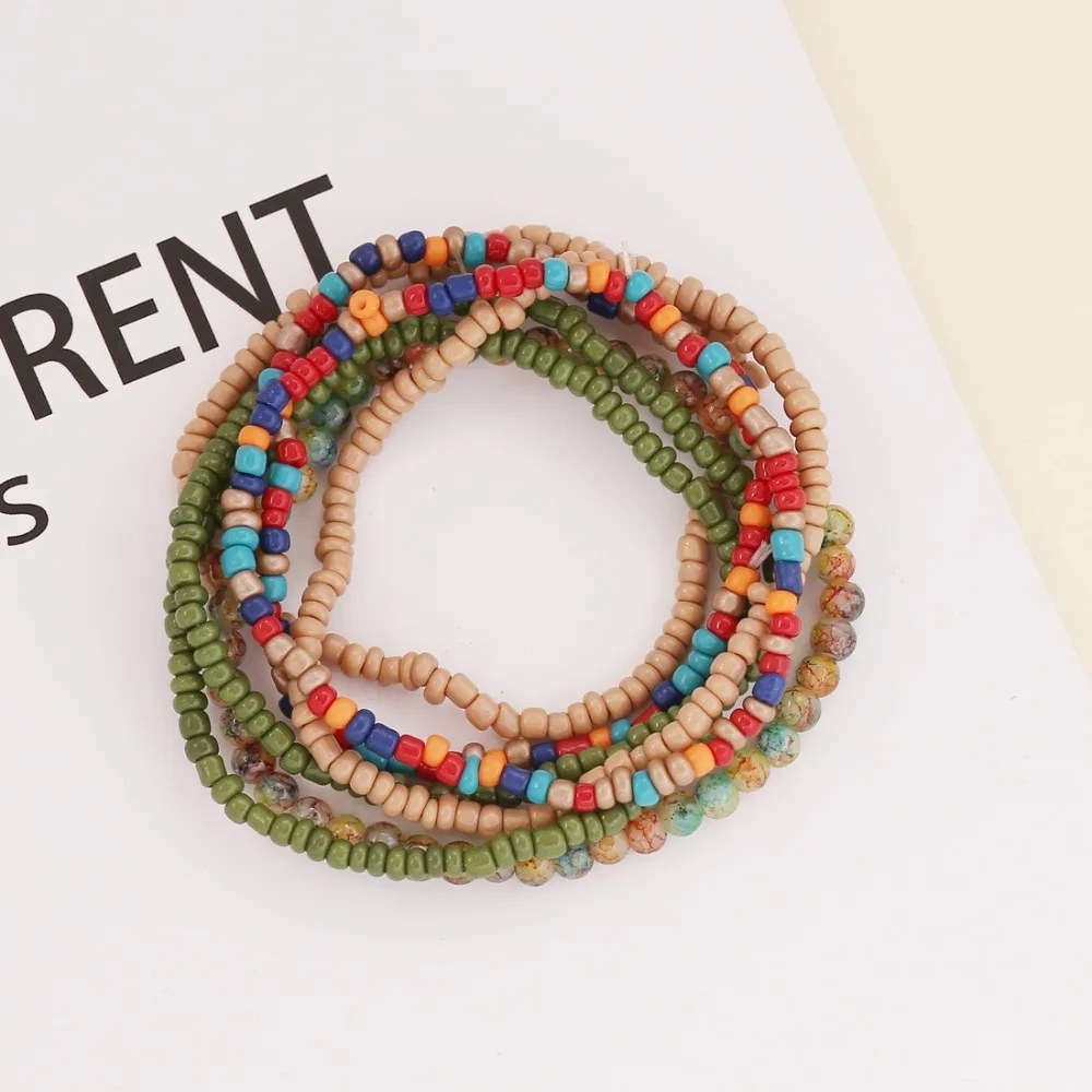 Bracciale Multistrato Boho In Cristallo, Set Di 4 Braccialetti Elastici Con Perline Di Pietra, Colori Verde/Nero/Blu/Viola, Gioielli Moda Donna