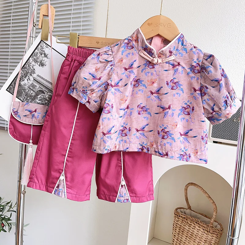 

Summer Girls Clothing Sets Fashion Short Sleeve Shirt Tops+Pants+Bags New Children Clothes Suit 3Pcs Toddler Girl Clothes 2-7Yrs