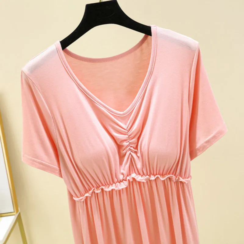 Modal Nightdress Women Short Sleeve V-Neck with Chest Pad Nightgown Night Dress Summer Solid Home Clothes Gown Nightwear Pajamas