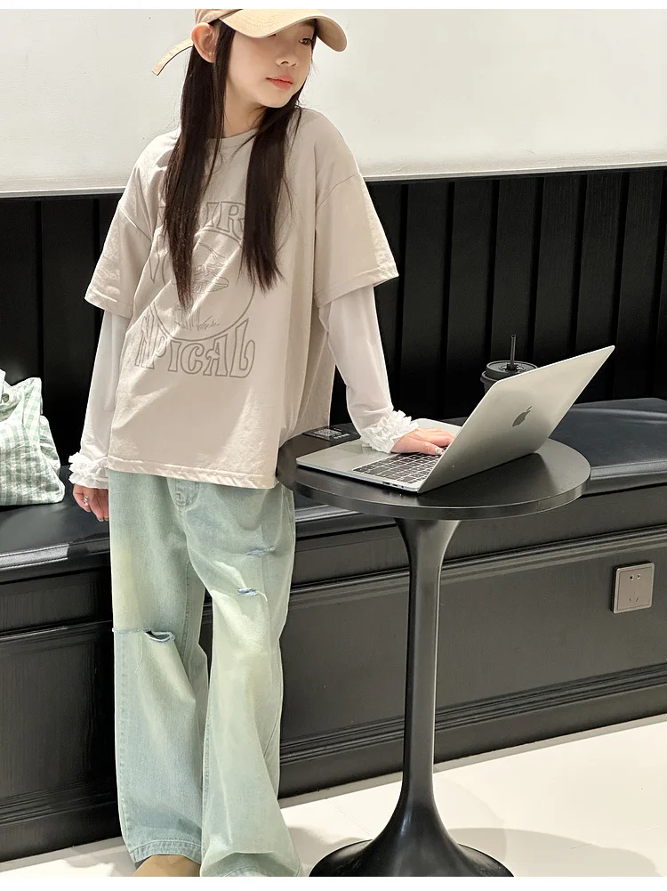 جينز كاجوال متوسط إلى كبير للأطفال ، سراويل أنيقة للفتيات ، طراز جديد ، الربيع والخريف ،