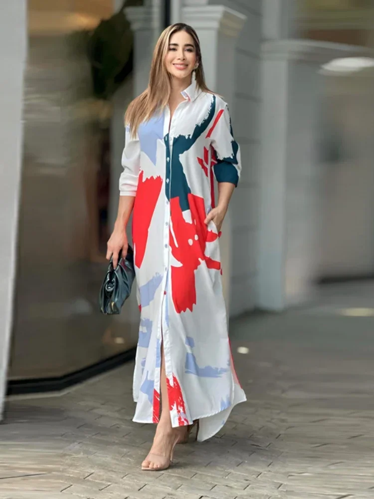 

New Fashion Elegant Women's Dress Loose Print Lapel Long Sleeve Elegant Single Breaste Button Vestido Party Dress for Women 2023