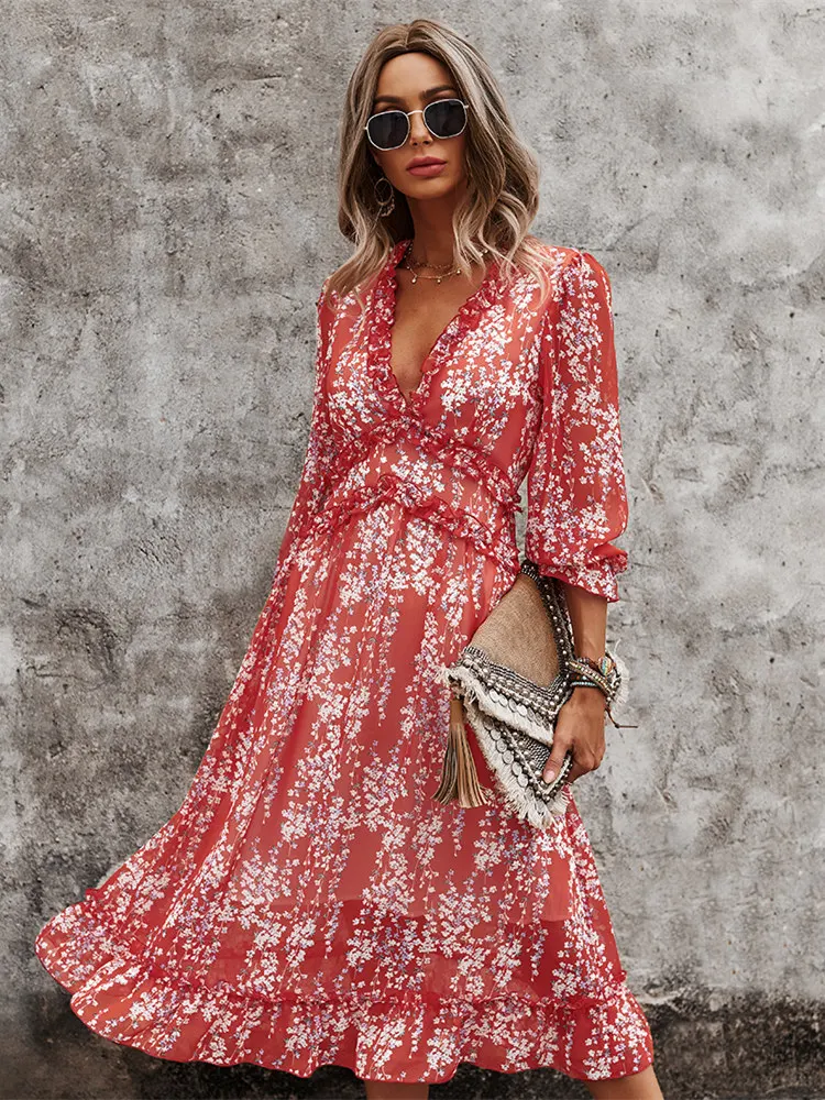 Sexy Summer Women V Neck Floral Butterfly Sleeve High Waist Print Chiffon  Long Dress - AliExpress 200000345