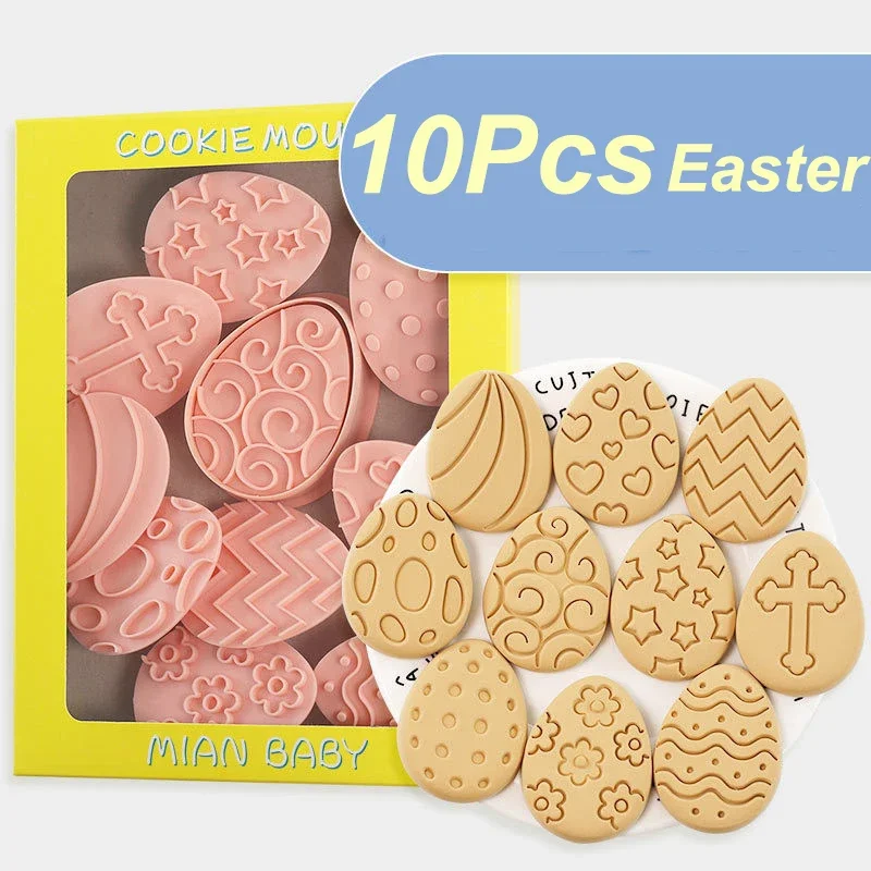 Easter Cookie Cutter Jar Sauce Chocolate Stamp Mold Happy Easter Egg Fondant Embosser Mold Party Decoration Baking Supplies 10Pc