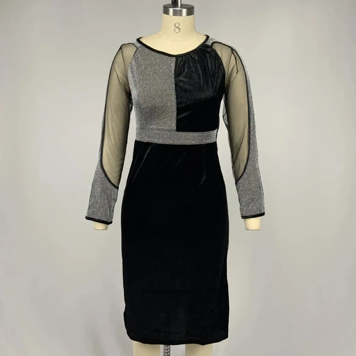 

2024 New plus size women clothing Elegant Chic Velvet patchwork mesh long sleeve crew neck Cutout High Waist Slit midi dress