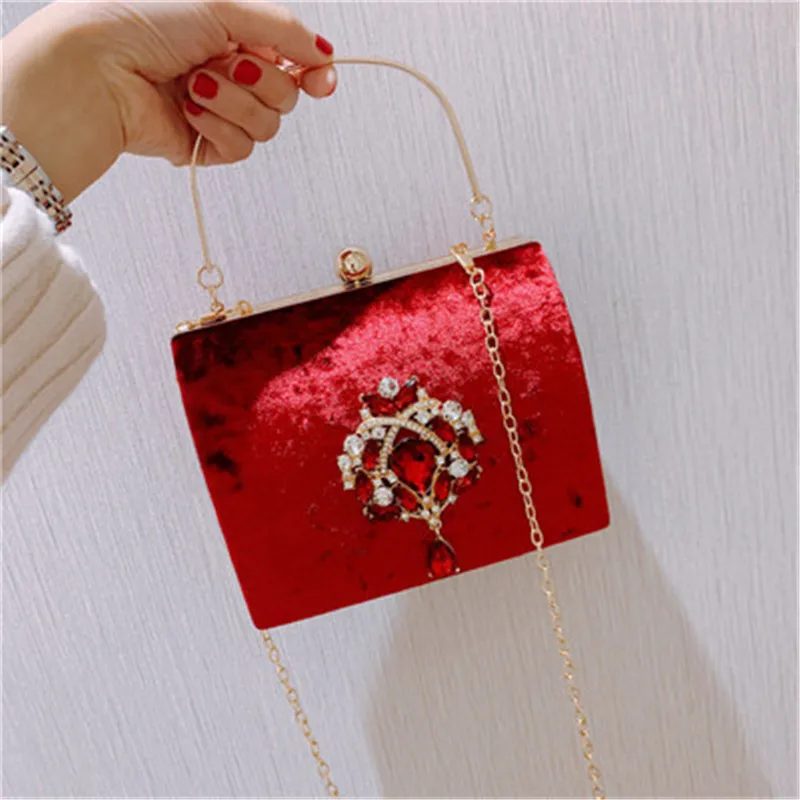New Luxury Design Boxed Evening Bag Velvet Retro Square Handbag Female Diamond Clutch Bag Gold Wedding Party Purse