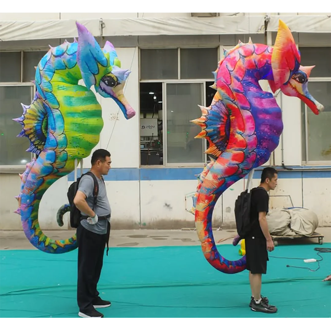1PC Giant Inflatable Seahorse with White LED Light Air Blow Sea Horse Costume Carnival Parade Walking Performance Props