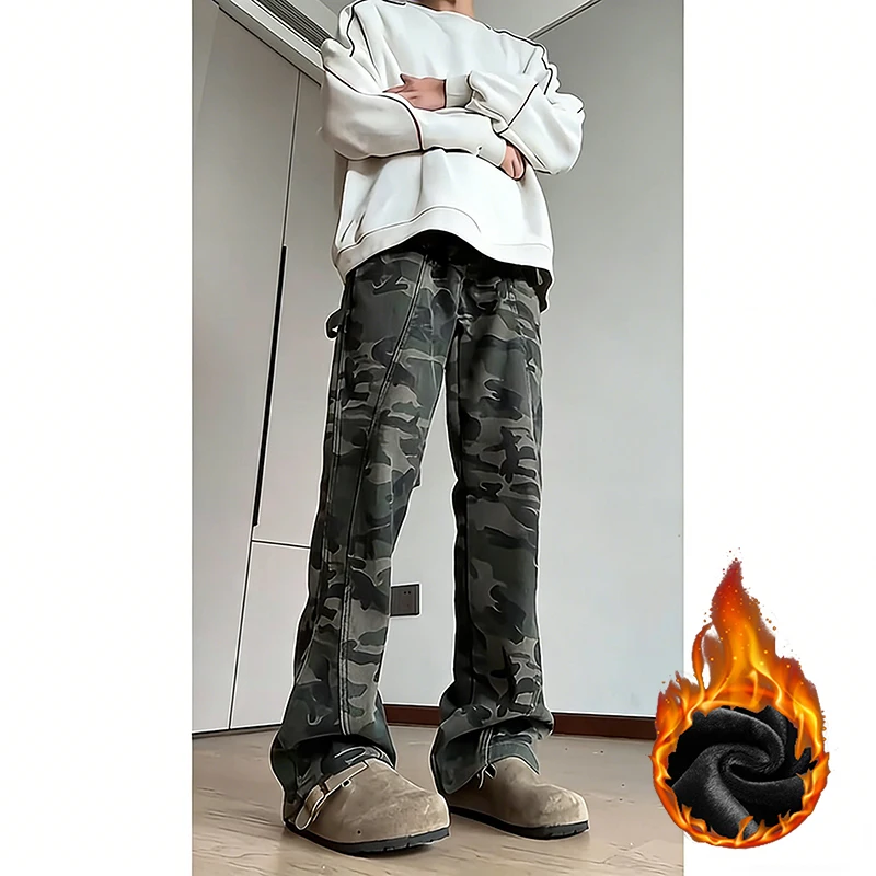 迷彩デニムパンツ男性秋日常ハイストリートブーツカットジーンズ男性冬肥厚暖かい防風ルーズストレートレッグパンツ