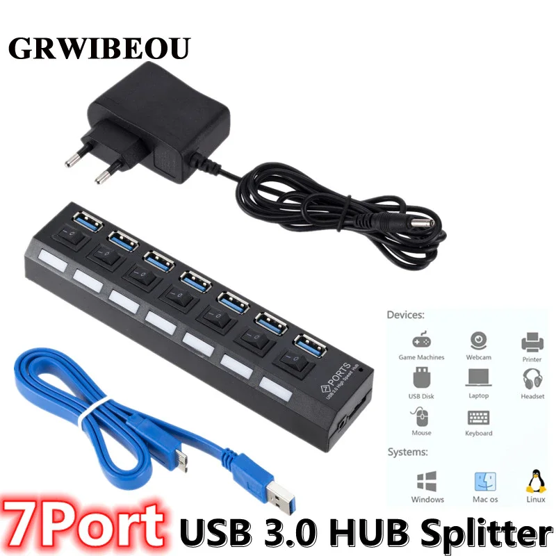 USB Hub GRWIBEOU USB 3.0 Hub Use Power Adapter Multi Splitter 7 Port Multiple 3 Hab Expander with Switch for PC