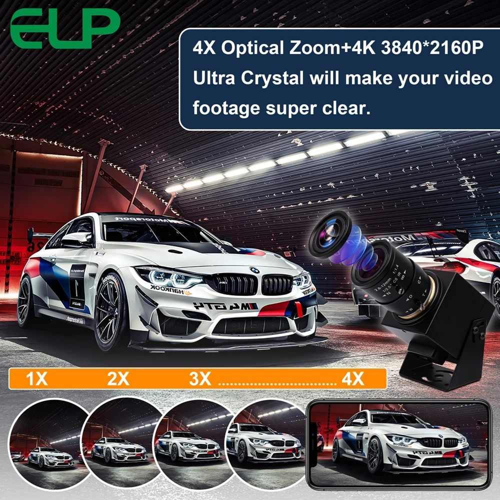 ELP 4K 30fps HDMI USB Camera H.265/H.264 4X Optical Zoom USB PC Webcam with 2.8-12mm Manual Varifocus Lens for Live Streaming