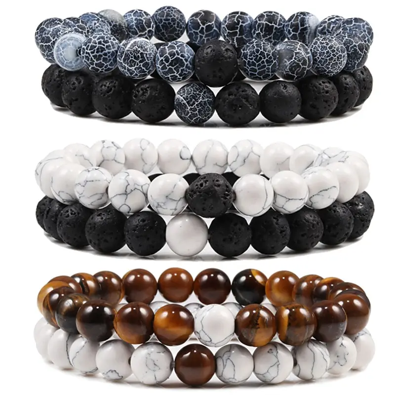 2pcs/set Bracelet Couples Distance Natural Beaded Stone Tiger Eye Lava Turquoise Yoga Black Bracelets for Men Women Rope Jewelry