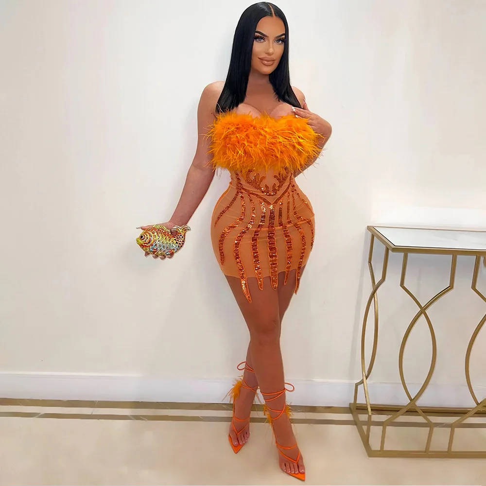 

Fashion Fur Bra Wrap Hip Short Dress Tassel Sexy Solid Strapless Sleeveless Aequin Patchwork Bodycon Club Party Dresses