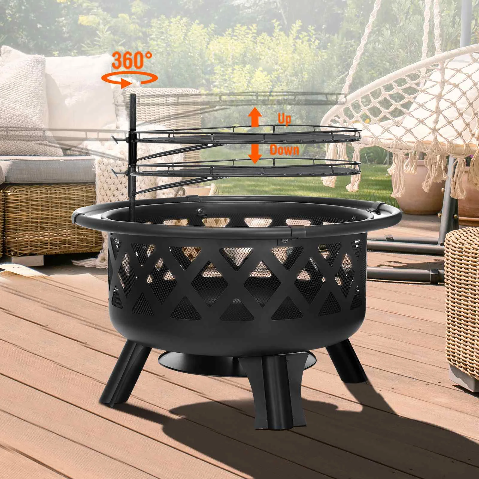 30 inch Fire Pits Swivel BBQ Grill Outdoor Wood Burning Firepits Large Steel Firepit Bowl Patio Backyard Garden Picnic