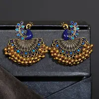 Ethnic Vintage Women's Blue Peacock Earrings Alloy Bollywood Oxidized Gold Color Beads Tassel Jhumka Dangle Earrings