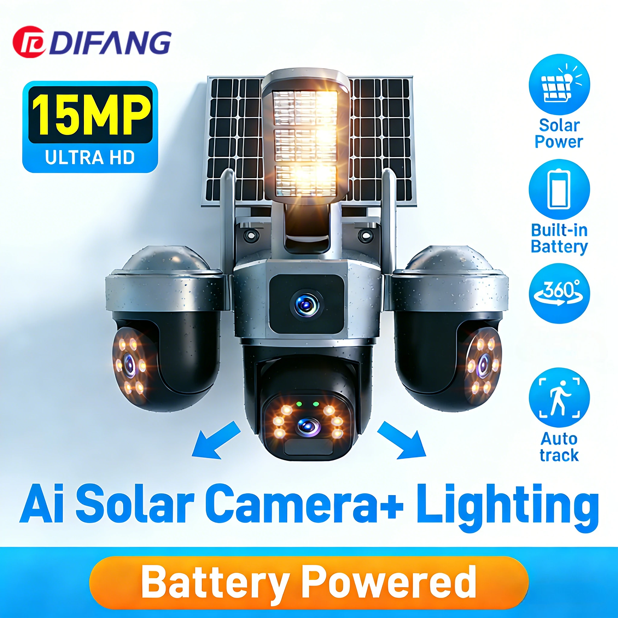 DIFANG V380 8K 15MP WiFi Solar Camera Auto Tracking Solar Lighting 3-Screen PTZ Solar Wireless 4G Outdoor Surveillance 1