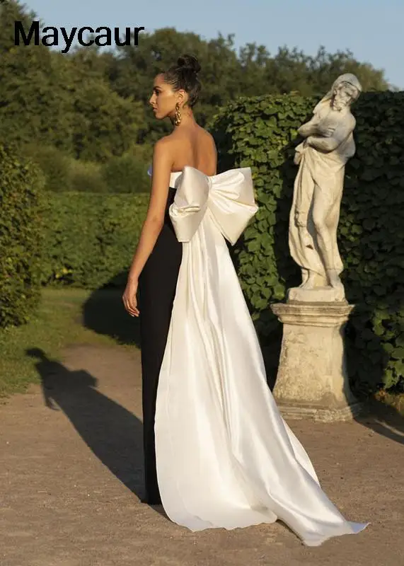 Womens Dress Strapless A-line Evening Dresses Ivory And Black High Side Split Floor Length Formal Dress Prom Party Gowns Big Bow Customized