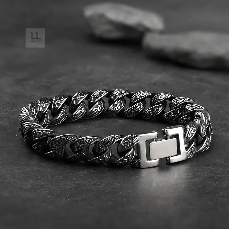 

Men's personality bracelet vintage pattern dark cold wind engraved antique silver color bracelet for men punk party jewelry gift