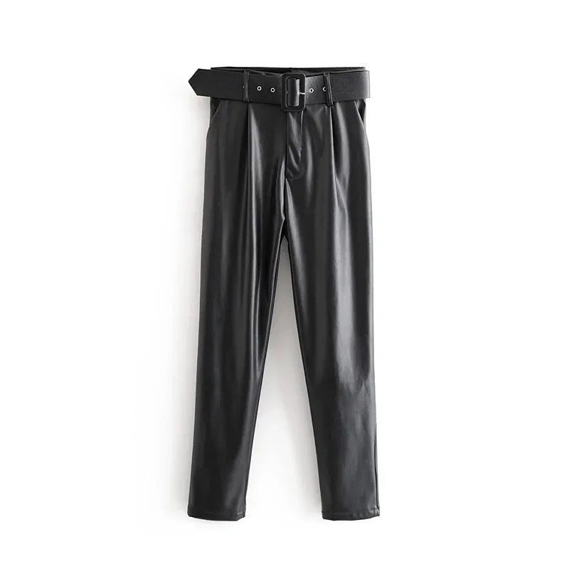 Women High Waisted 2023 Vintage PU Leather Harem Pants Loose Faux Leather Trousers with Pocket Belt Elegant All-match Streetwear