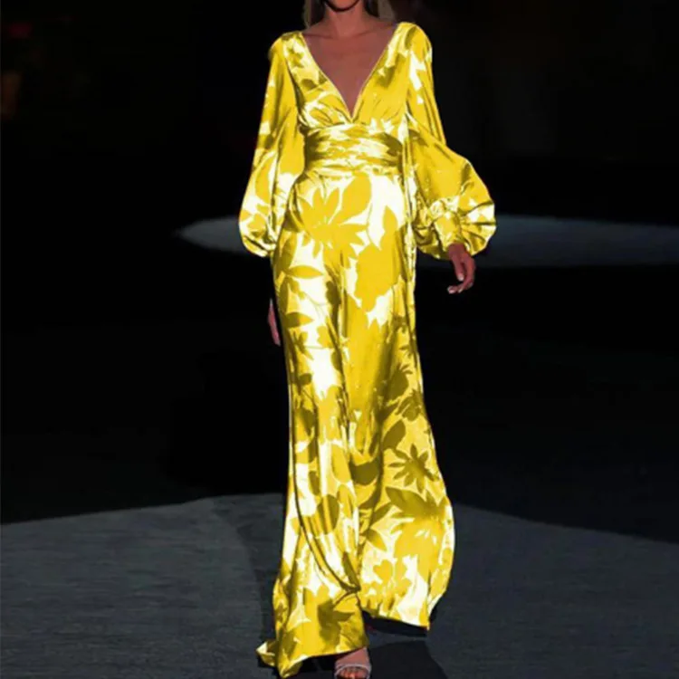 Women’s Puff Sleeve Maxi Summer Dress with V-Neck