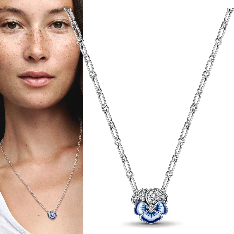 925 Silver Original Women's Popular Eternal Tritone Viola Specimen Shining Dense Set Snowflake Logo Necklace DIY Charm Jewelry