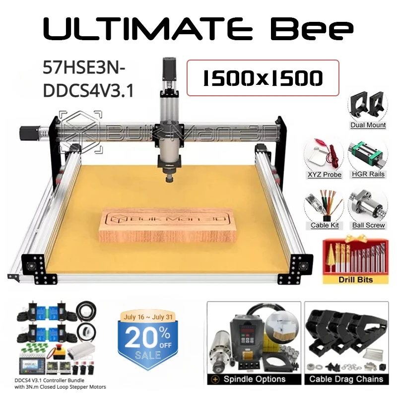 

20%OFF BulkMan 3D Silver 1500x1500 ULTIMATE Bee CNC Machine Full Kit with DDCS4V3.1-57HSE3N-3N.m Stepper Motors CNC Wood Router