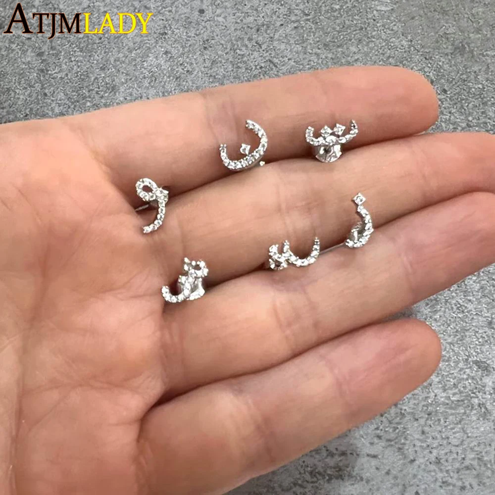 

925 Sterling Silver Arabic Alphabet Shaped Piercing Women Jewelry Fashion Birthday Gifts Sparking Cz Zircon Ear Initial Earrings