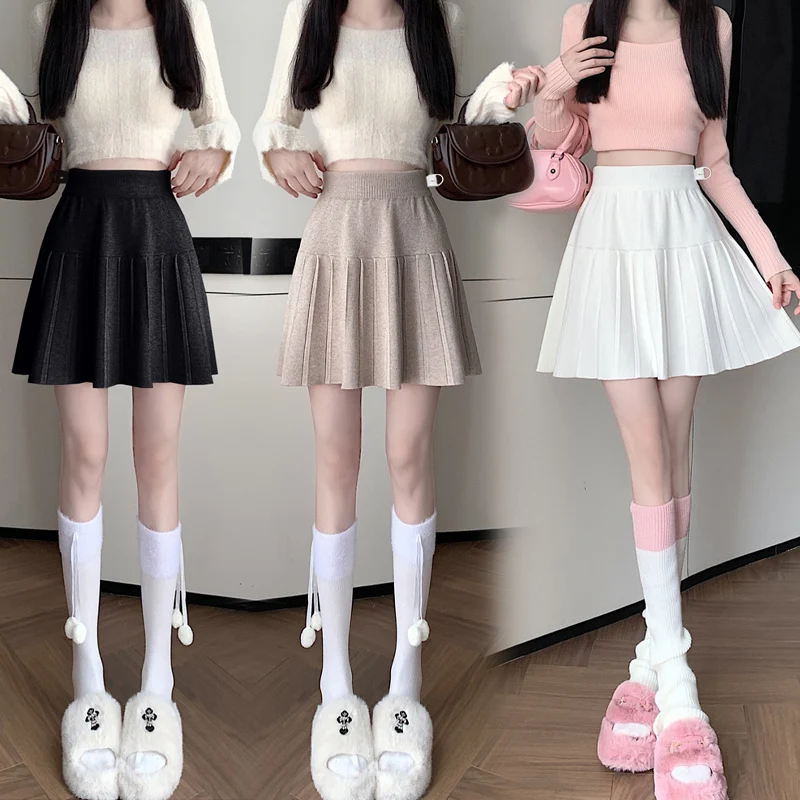 Korean Style Short Maternity Pleated Skirt Autumn Winter Fashion Pregnant Woman Knitted Skirt Adjustable Waist Pregnancy Clothes