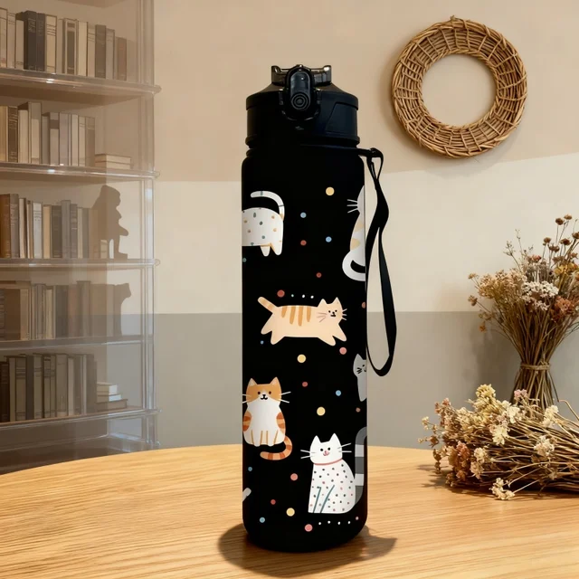 3D Printed Cute Cartoon Cat PVC-Free, Leak-Proof, Matte Finish 750ML Water Bottle,Includes Carry Loop Outdoor Activities